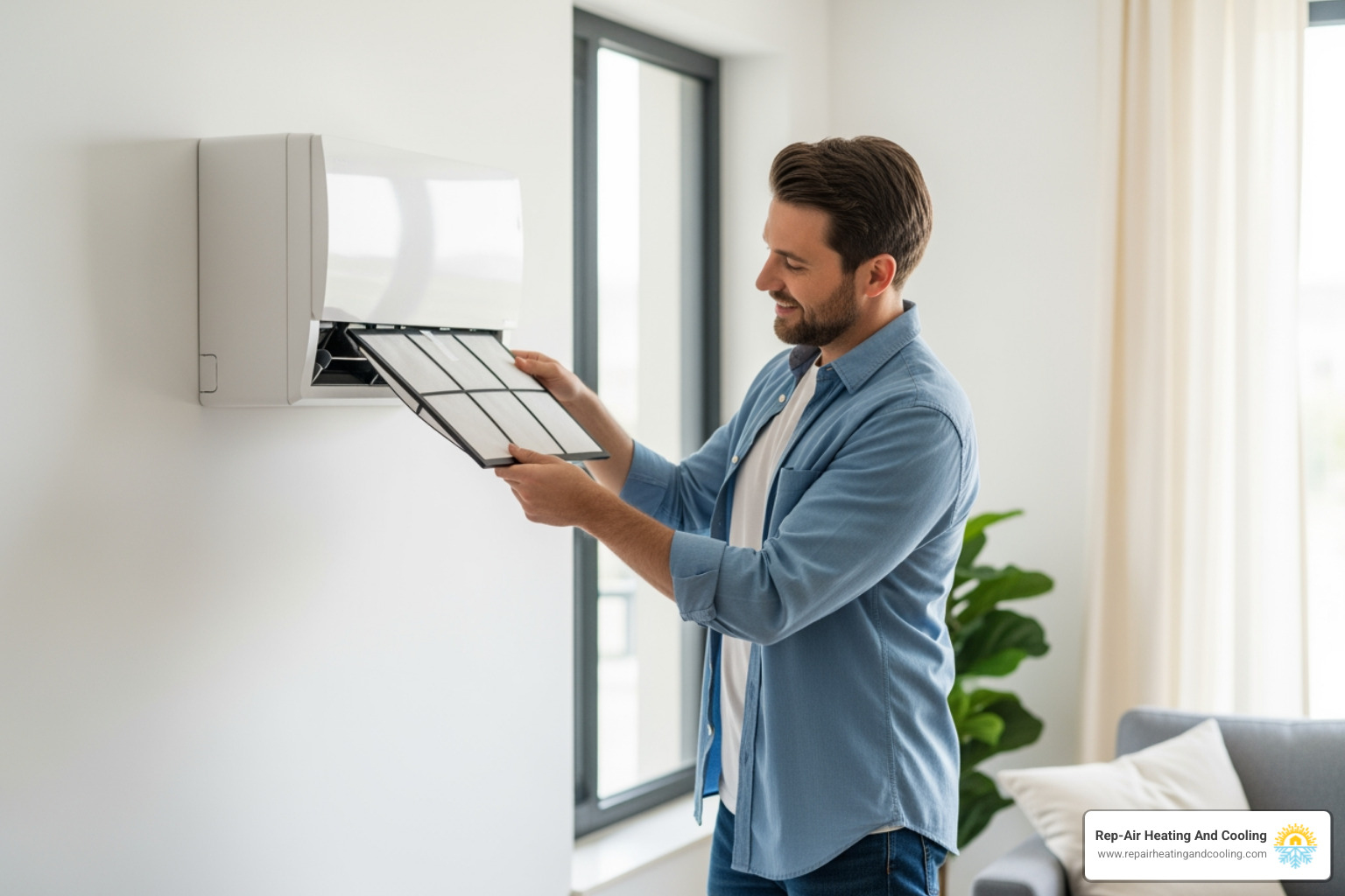 A homeowner easily removing and cleaning a mini-split filter, demonstrating simple DIY maintenance for optimal system performance - mini split installation abbotsford