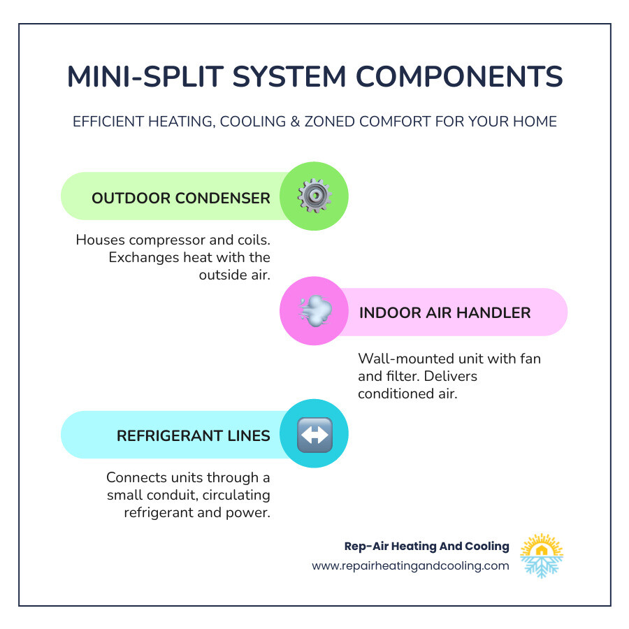 Infographic showing the three main components of a ductless mini-split system: outdoor condenser unit with compressor, indoor wall-mounted air handler with filter and fan, and the refrigerant conduit connecting them through the wall, plus key benefits like zone control, energy efficiency, and easy installation - mini split installation abbotsford infographic infographic-line-3-steps-colors