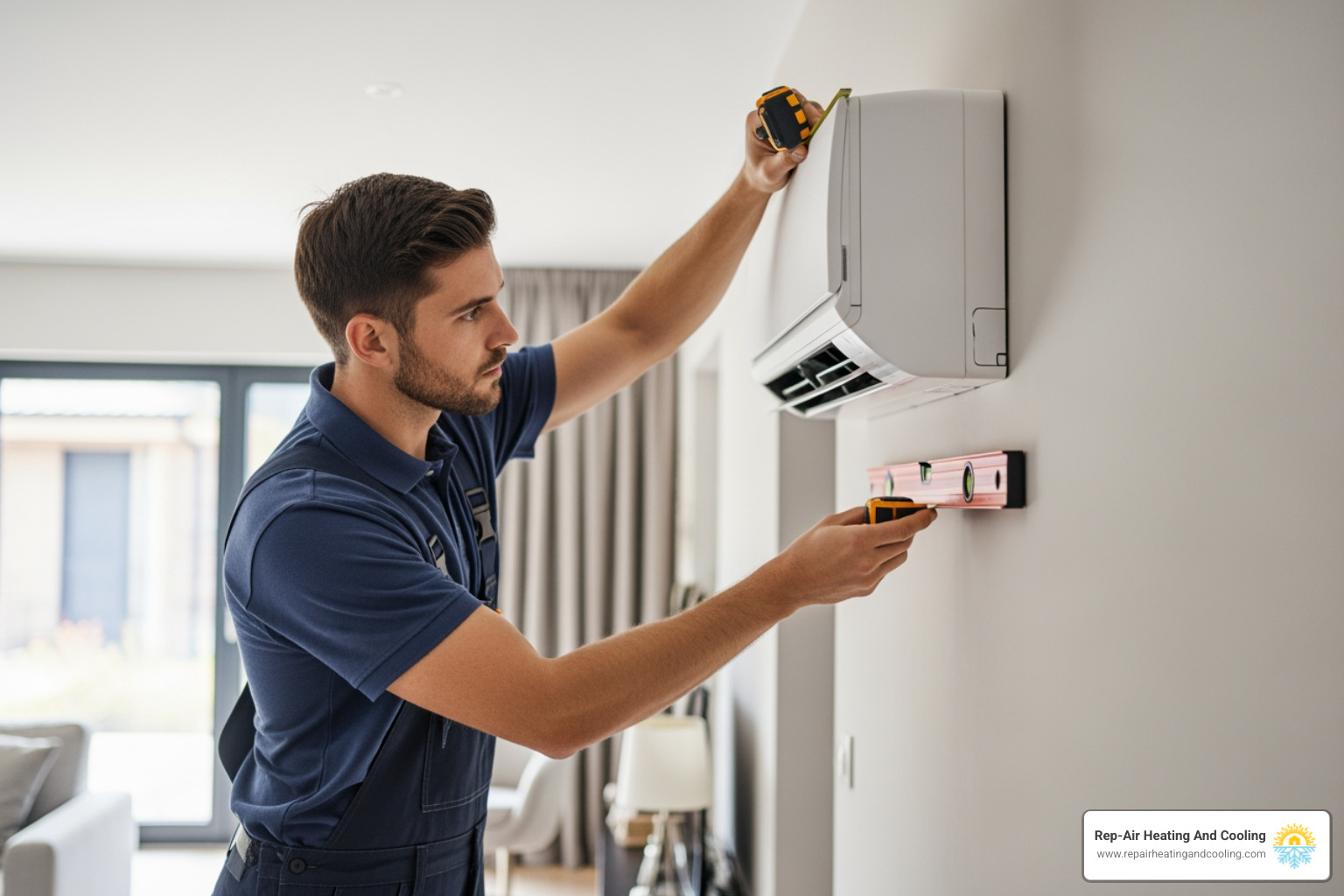 An HVAC technician carefully planning the placement of an indoor mini-split unit on a wall, ensuring optimal airflow and aesthetic integration - mini split installation abbotsford