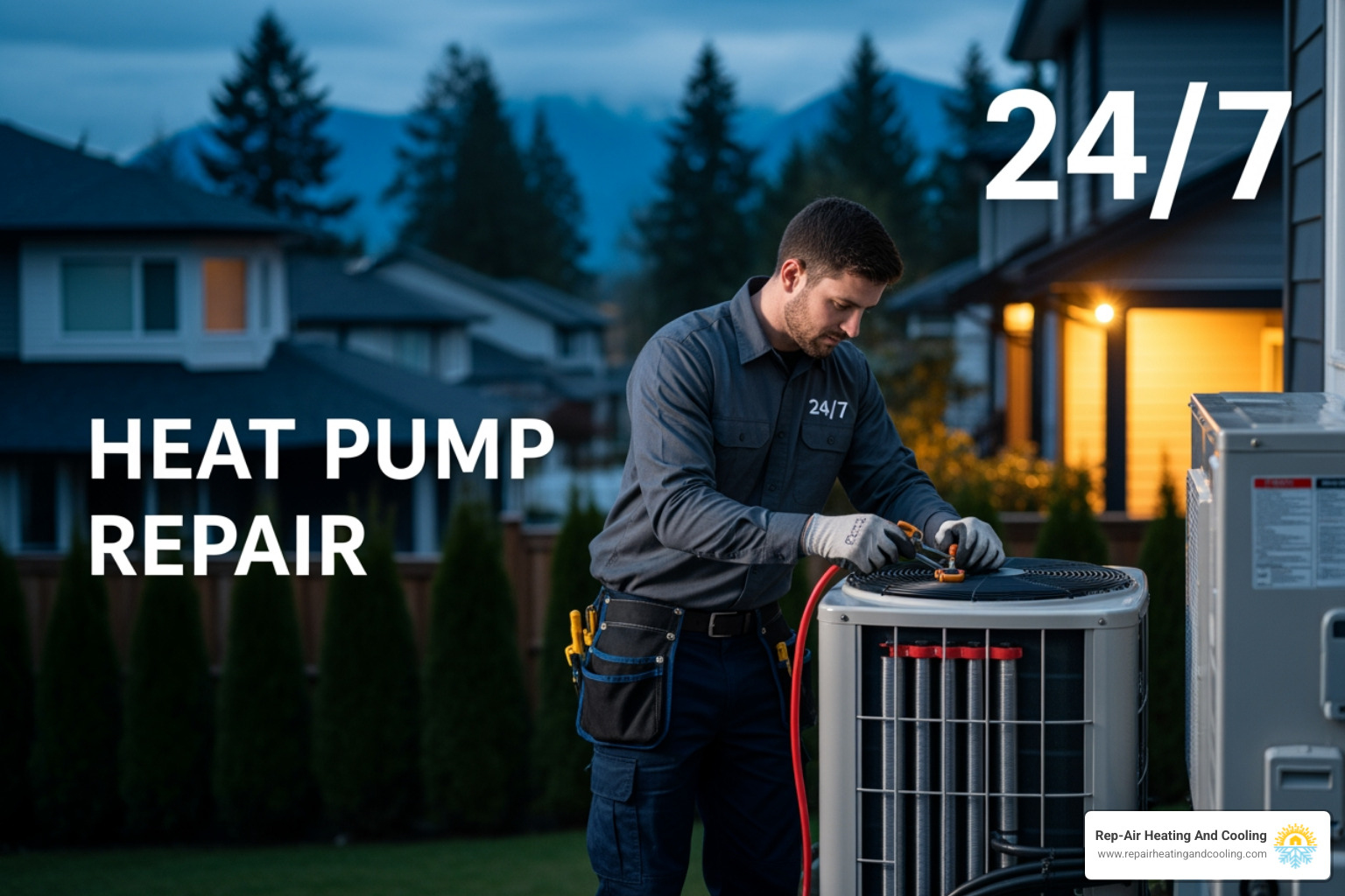 Infographic showing 5 urgent heat pump warning signs: grinding or banging noises, burning or musty smells, system won't turn on or blows cold air in heat mode, ice buildup on outdoor unit, and sudden spike in energy bills with frequent cycling - 24/7 heat pump repair in Langley, BC