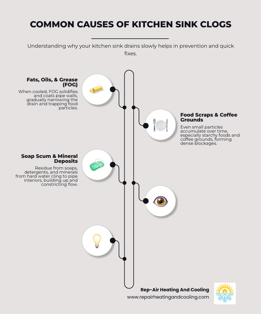 infographic explaining the common causes of kitchen sink clogs like grease, food, and soap scum - My kitchen sink has a slow drain, who can I call for a slow drain fix in Langley?" infographic infographic-line-5-steps-elegant_beige