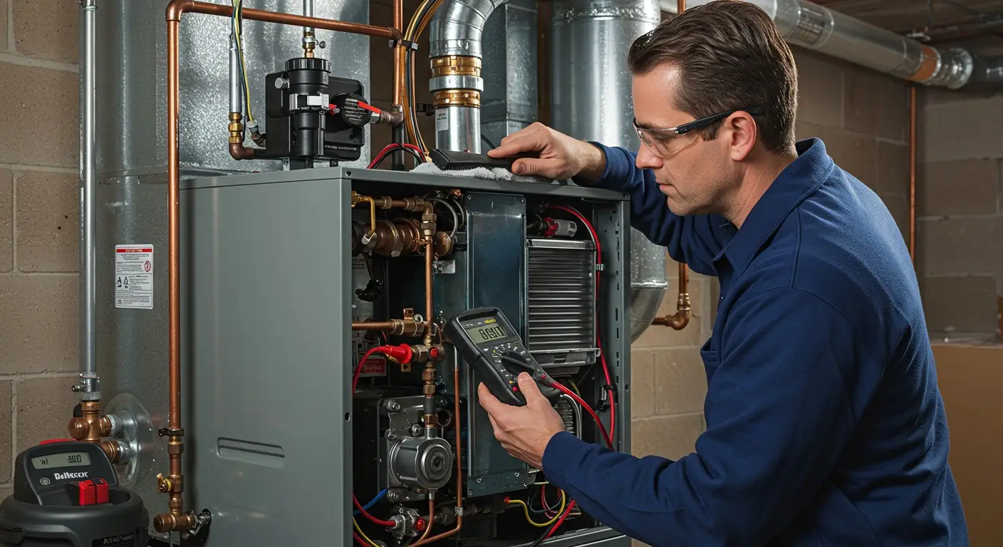 Technician using multimeter on HVAC system.