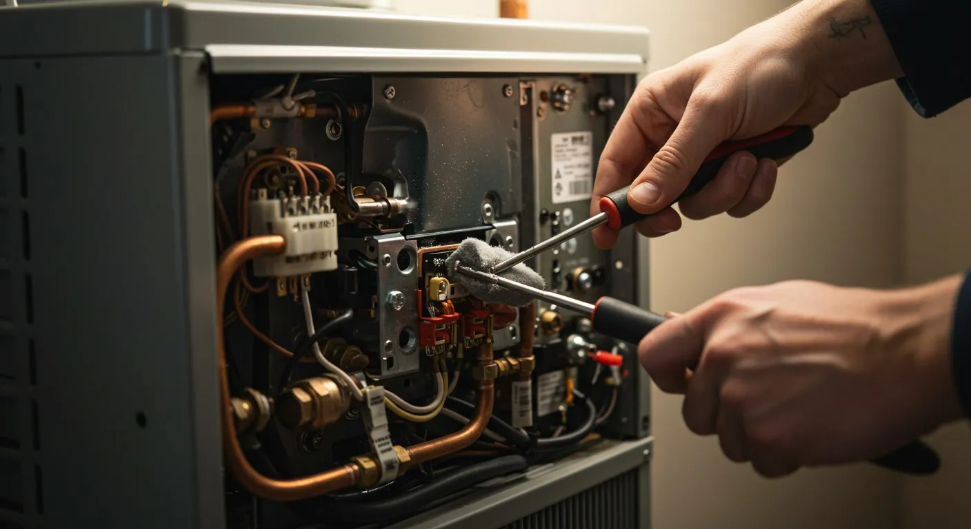 Hands repairing internal furnace electrical components.