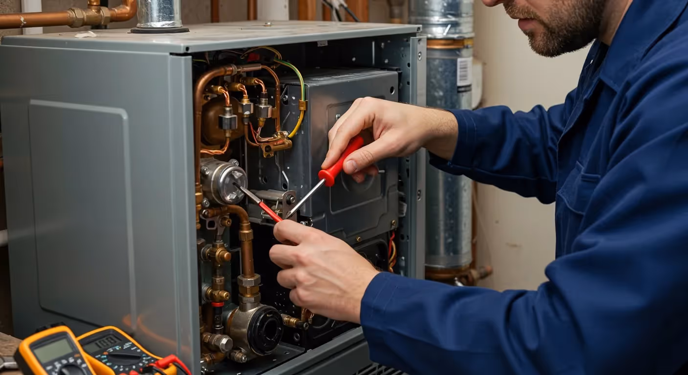 Technician using screwdriver on internal furnace.