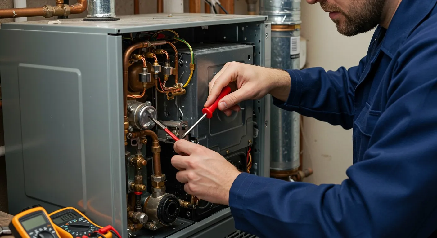 Technician using screwdriver on internal furnace.