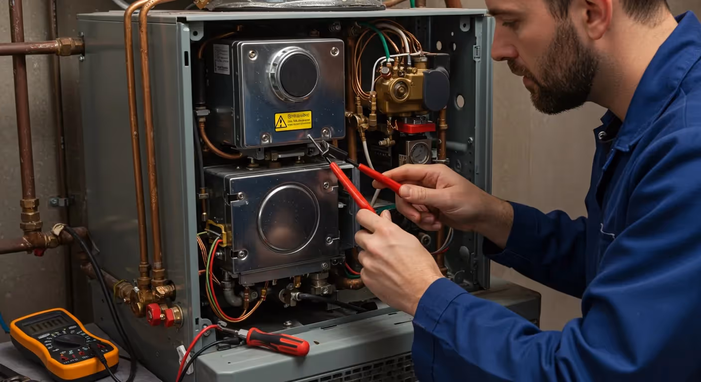 Technician using pliers on heating unit.