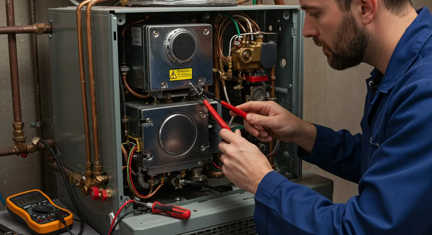 Technician using pliers on heating unit.