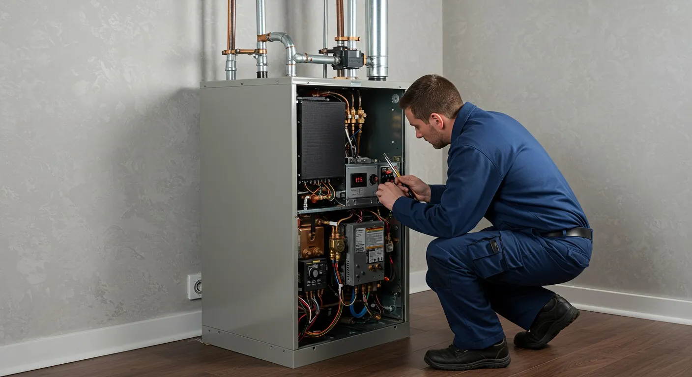 Technician examining furnace with specialized tools.