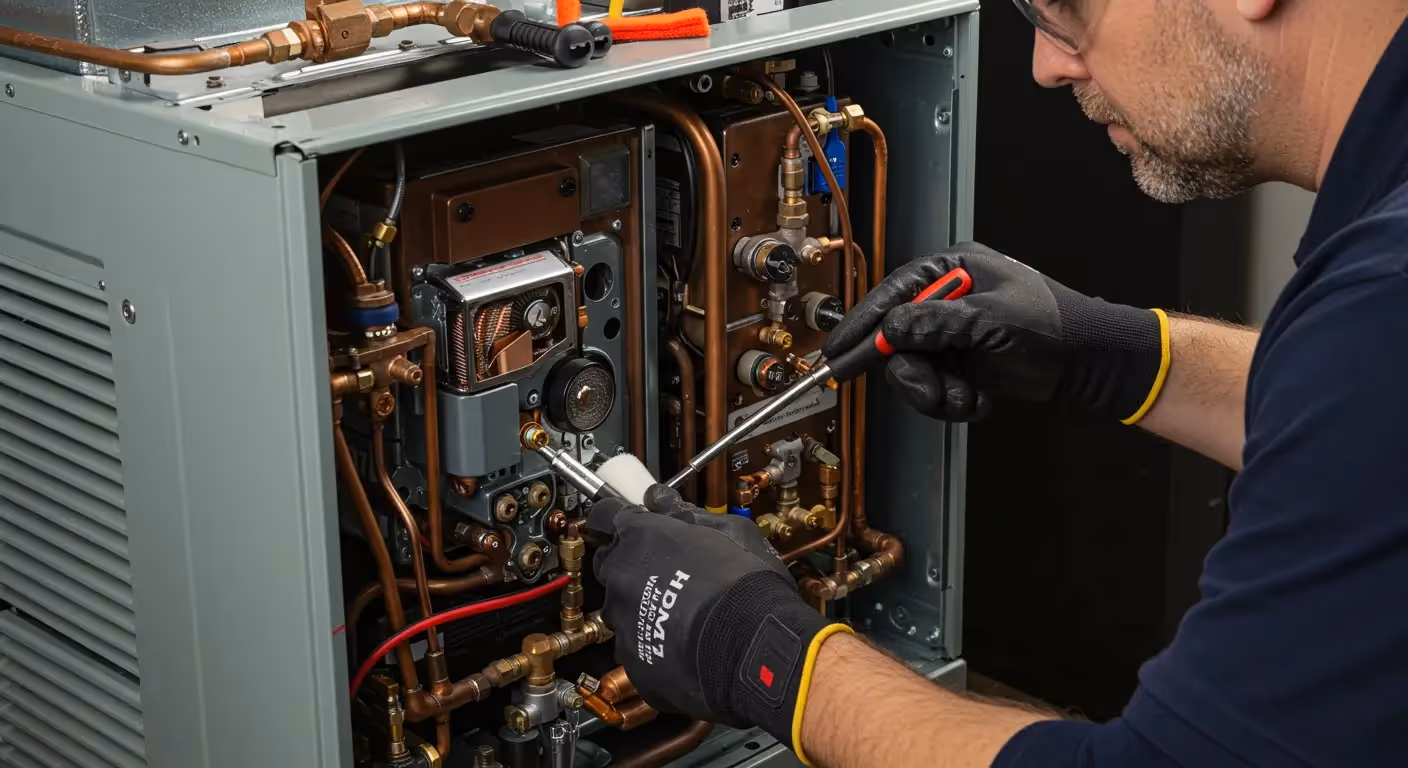 Technician cleaning components of heating unit.