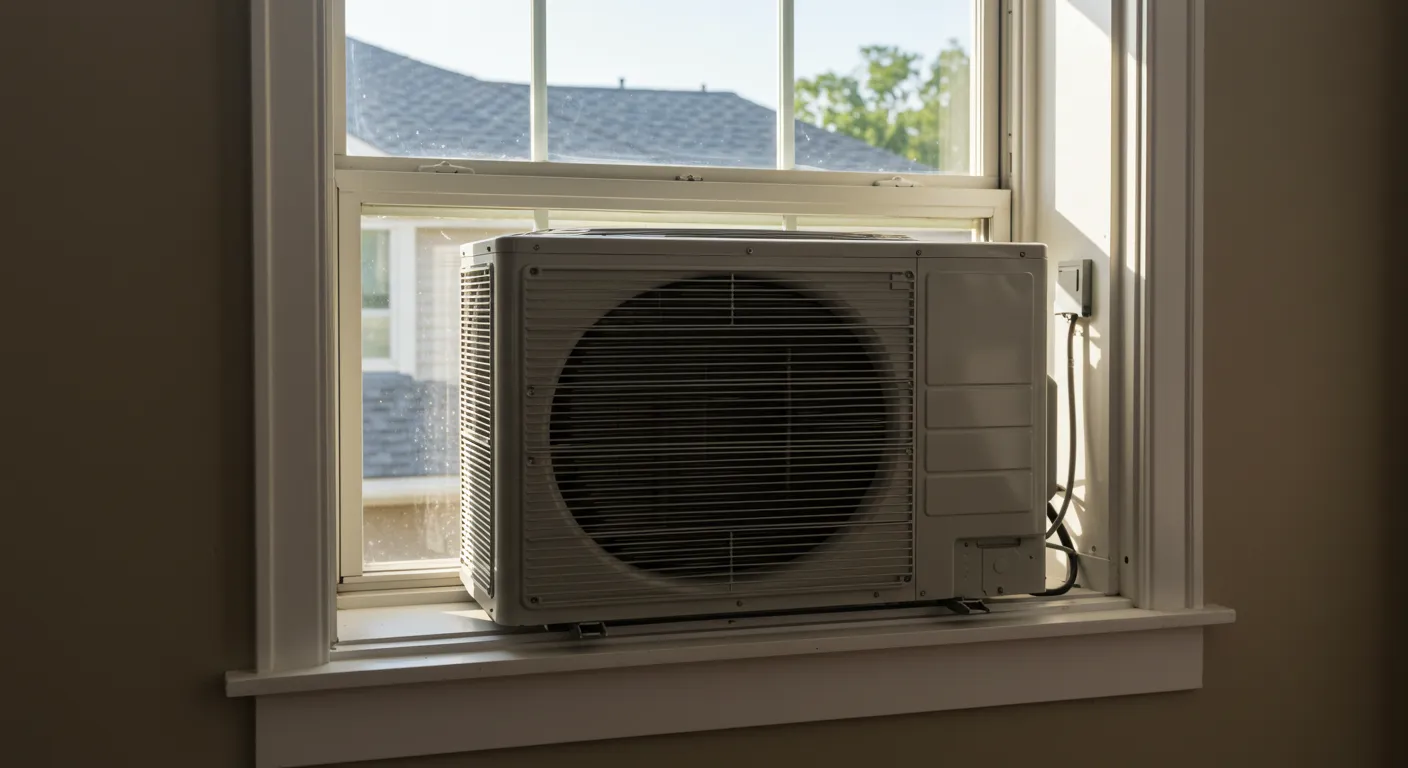 A window-mounted air conditioning unit is seen from inside a room, with a suburban neighborhood visible through the window.