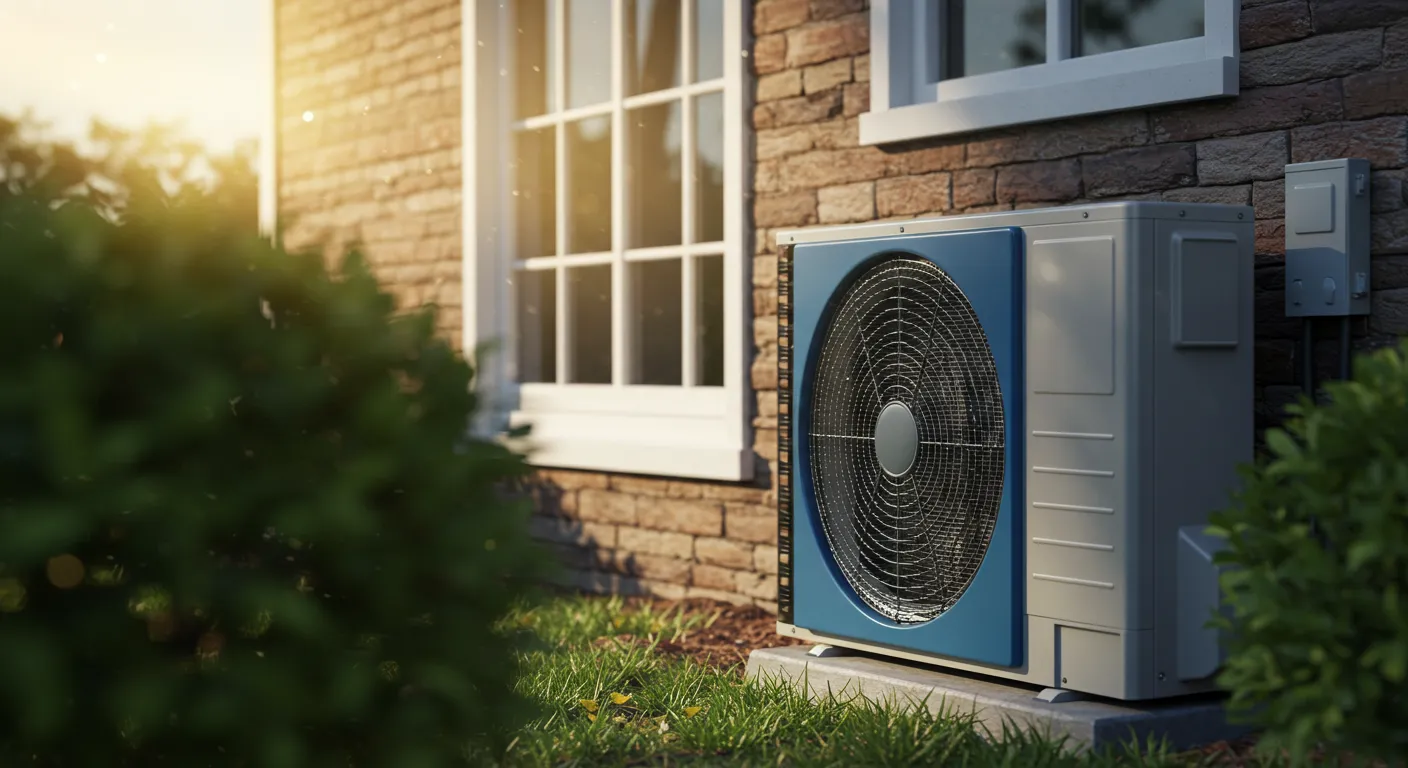 A modern blue and gray outdoor AC unit is shown on a grassy lawn next to a brick house with a window, bathed in sunlight.