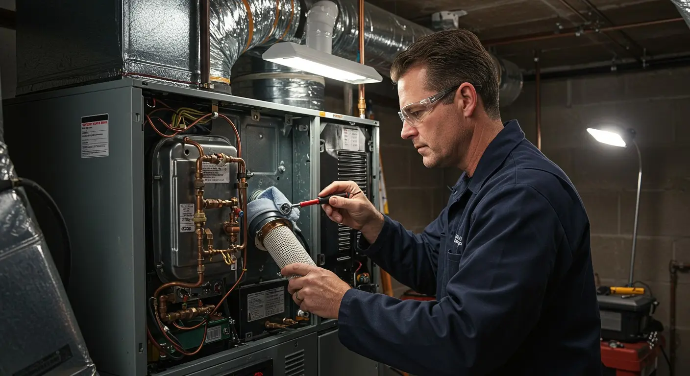 Technician cleaning furnace with blue cloth.