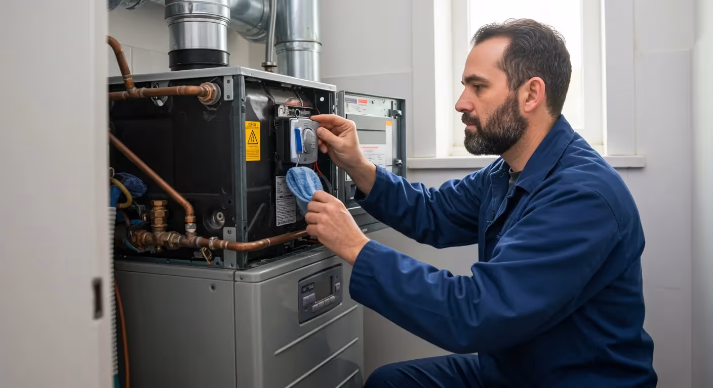 Technician cleaning furnace with yellow cloth.