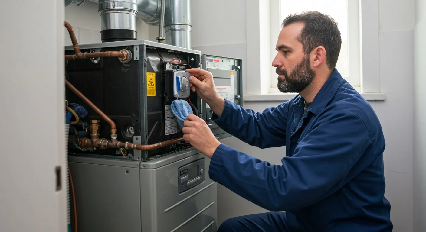 Technician cleaning furnace with yellow cloth.