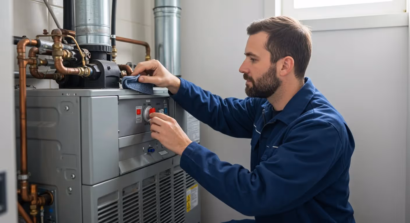 Technician cleaning furnace with blue cloth.