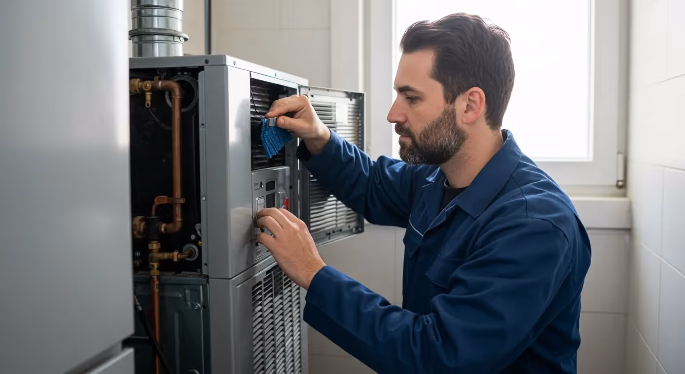 Technicians reviewing technical diagrams for boiler.