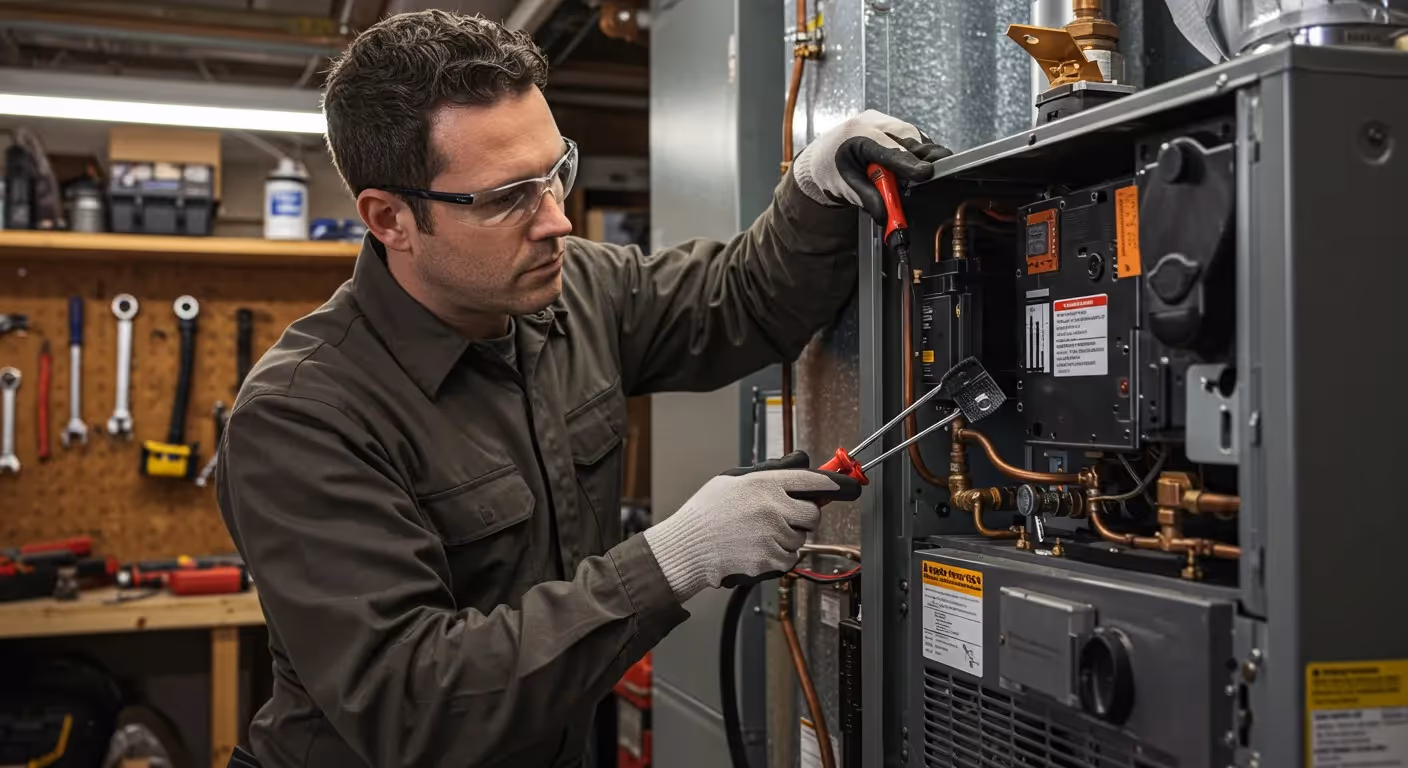 Technician adjusting internal furnace wiring components.