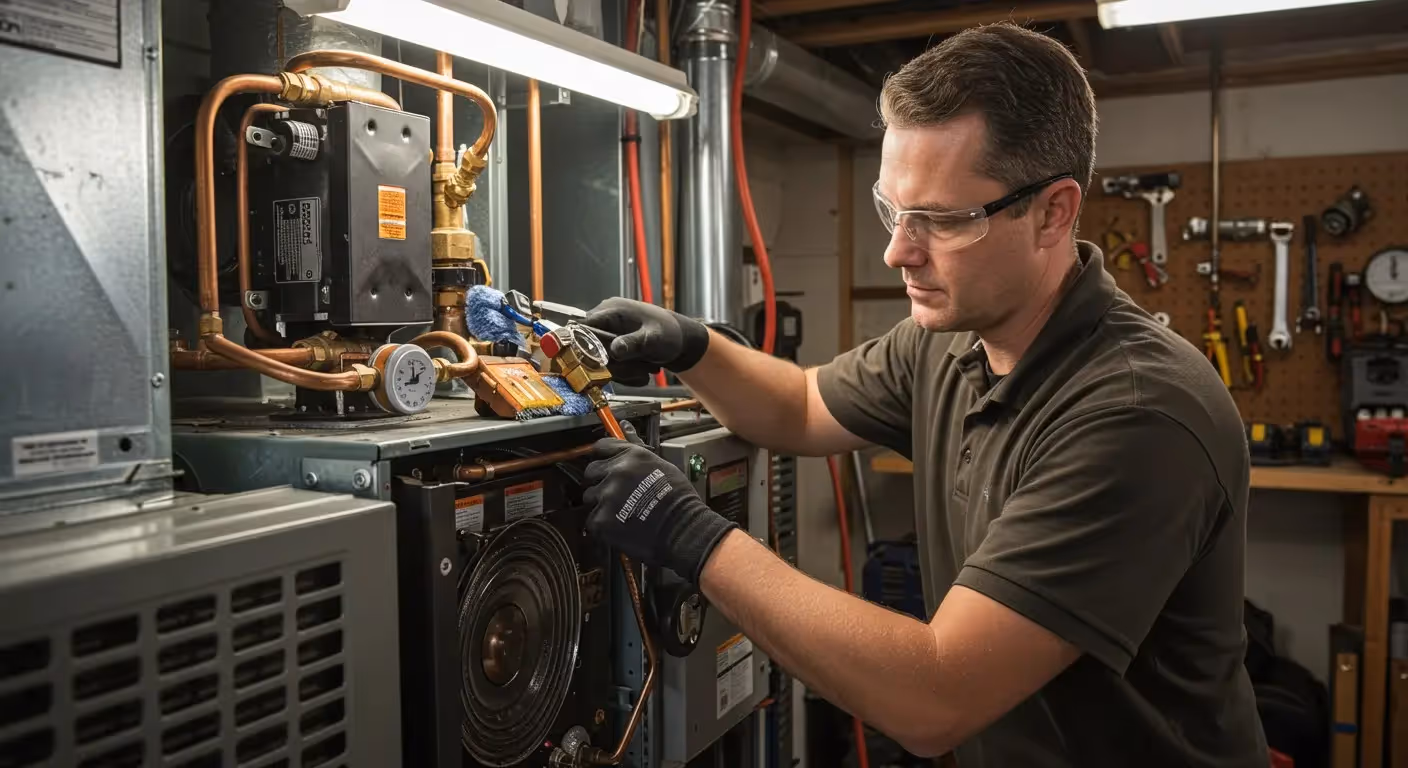 Technician checking pressure on boiler pipe.