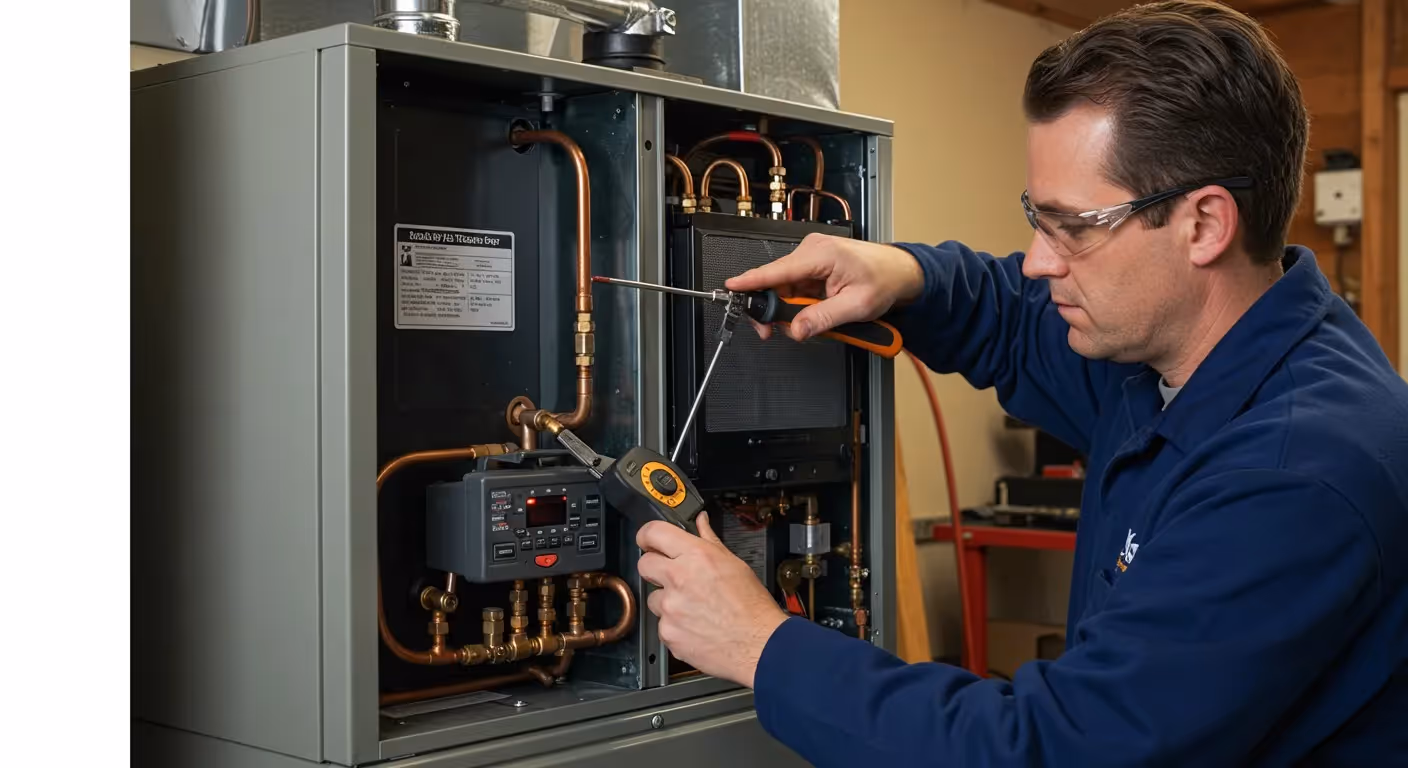 Technician using multimeter on industrial furnace.