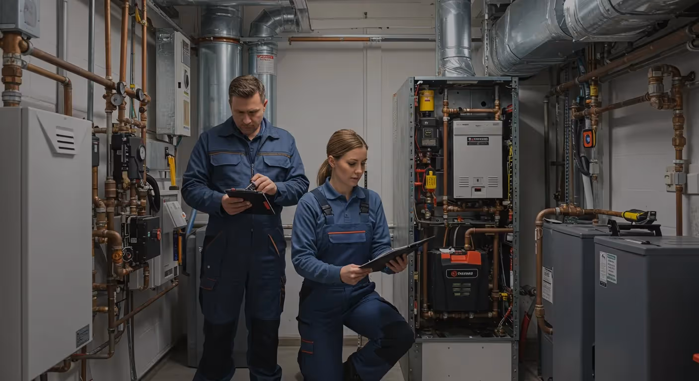 Two technicians inspecting industrial boiler systems.