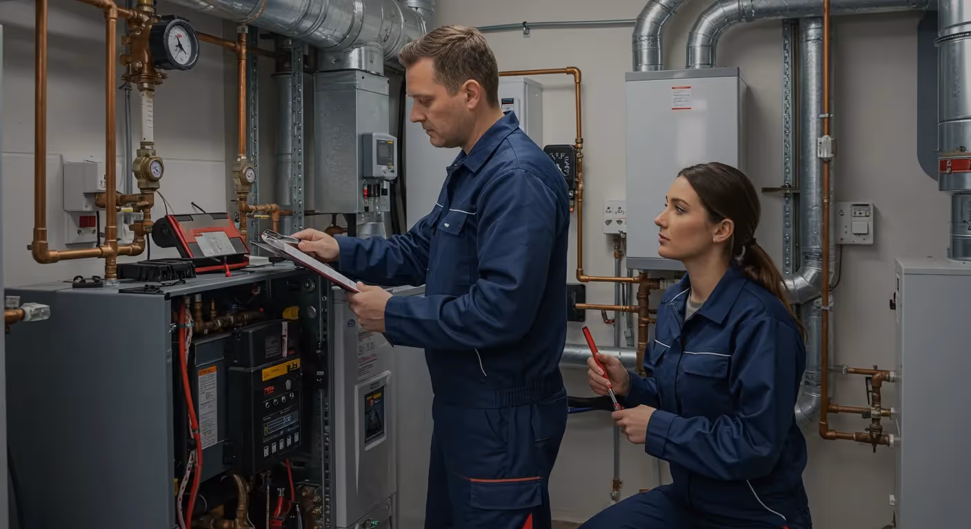 Two technicians inspecting a mechanical furnace.