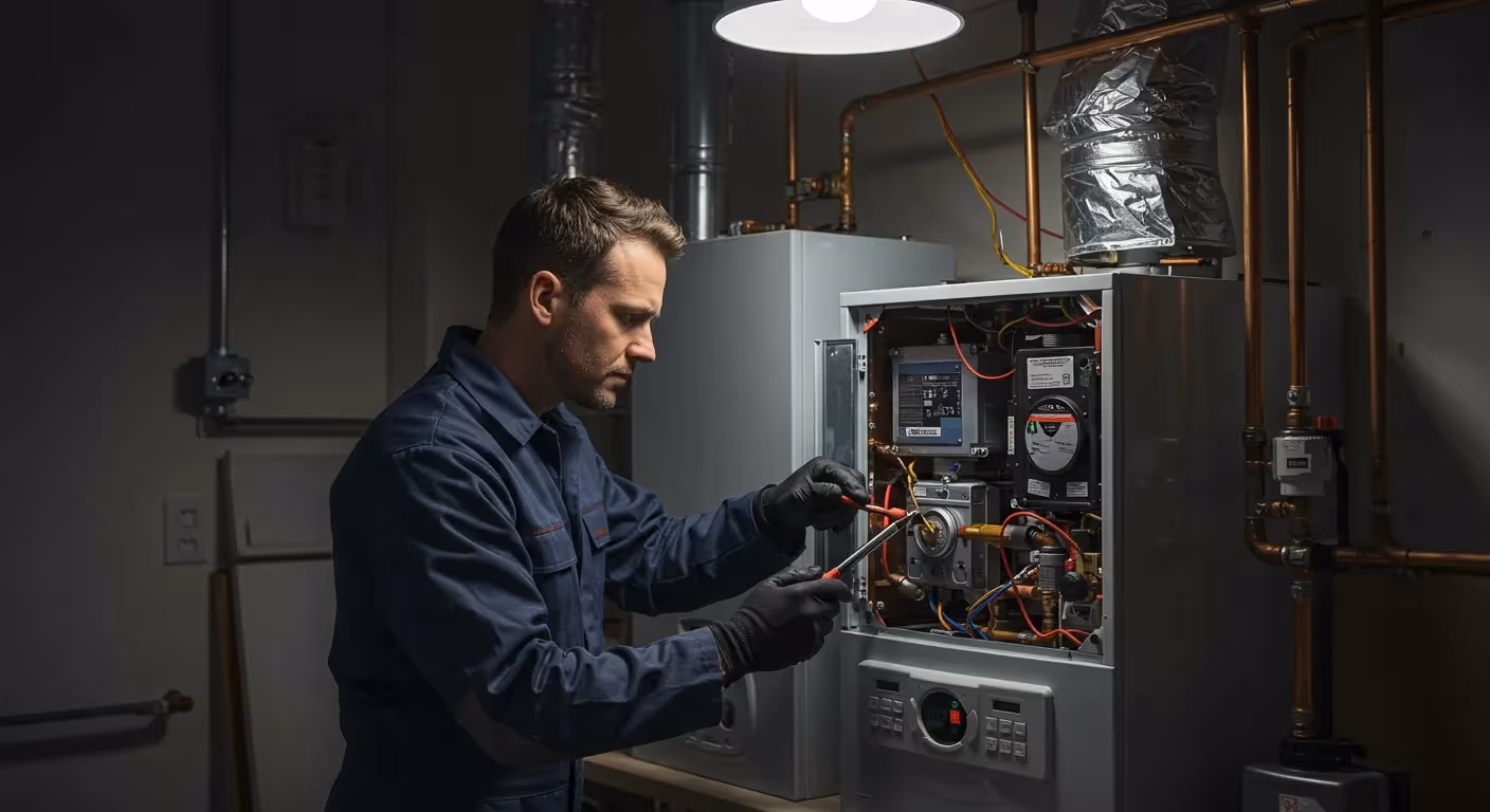 Technician repairing internal furnace electrical components.