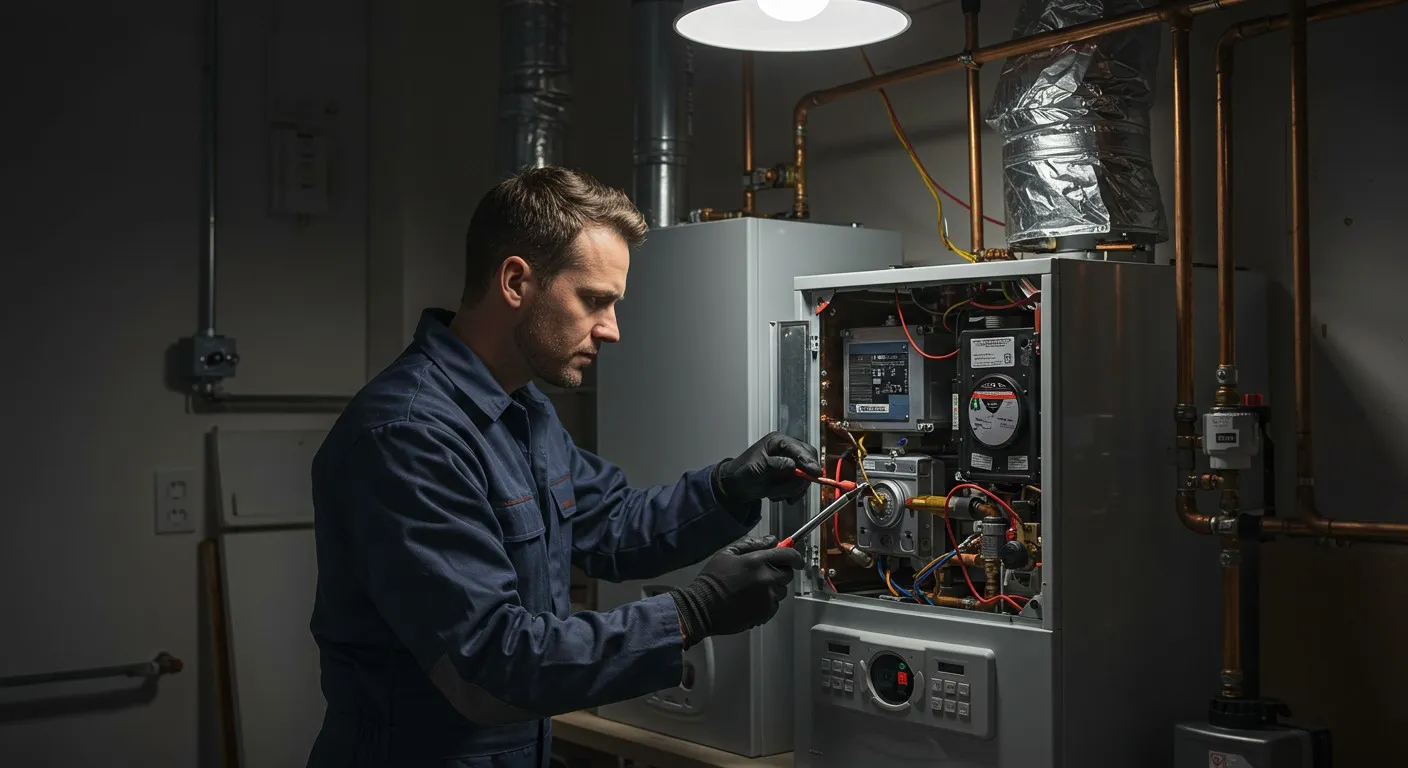 Technician repairing internal furnace electrical components.