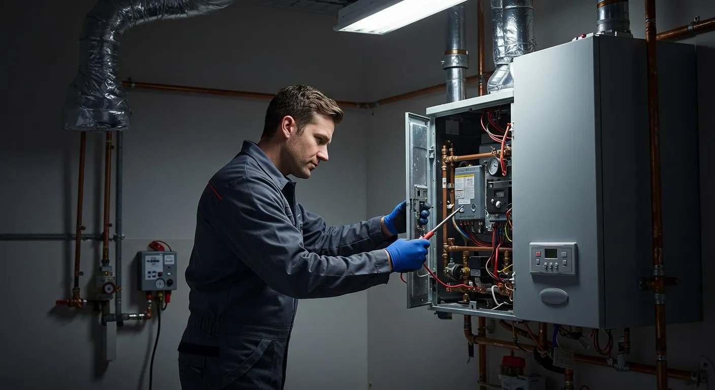 Technician troubleshooting wiring on wall-mounted boiler.