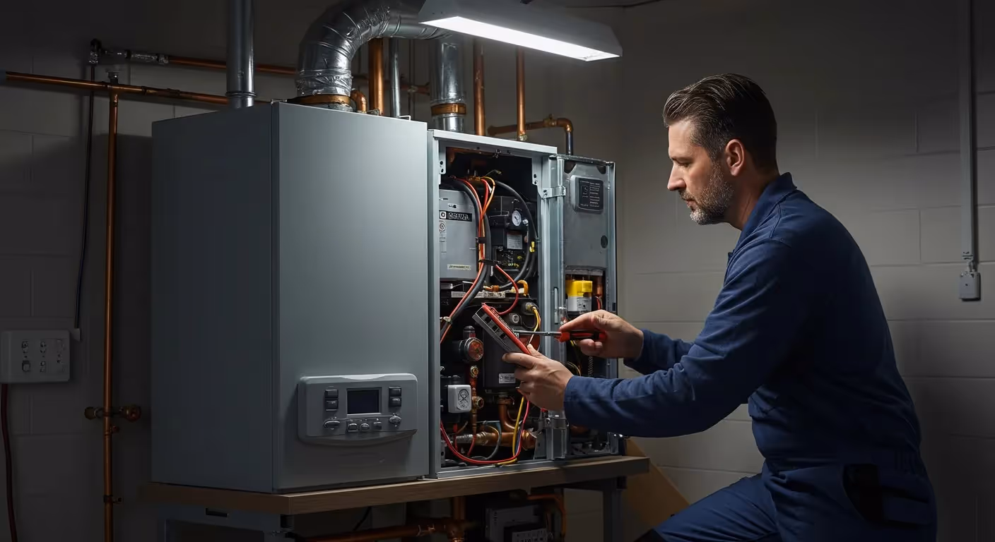 Technician testing circuits on industrial furnace.