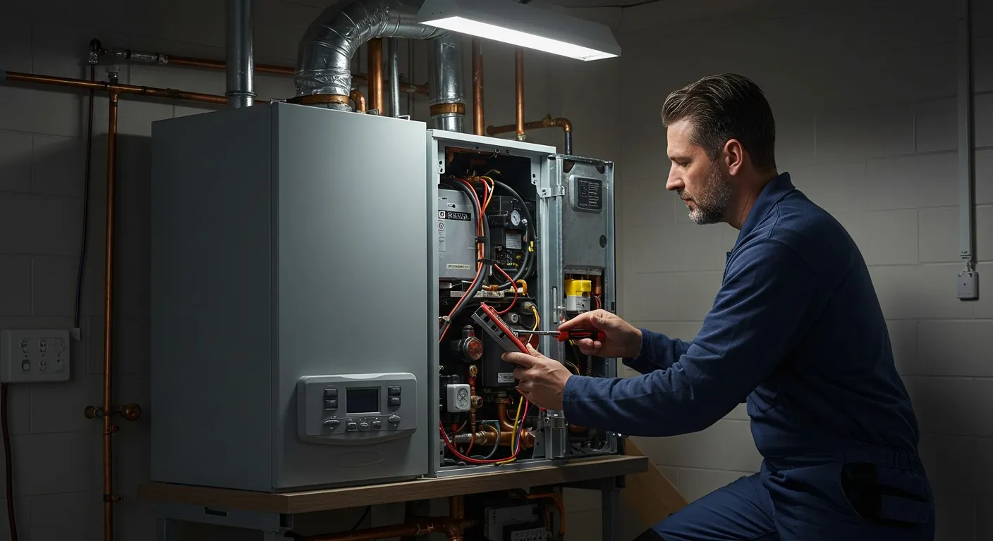 Technician testing circuits on industrial furnace.