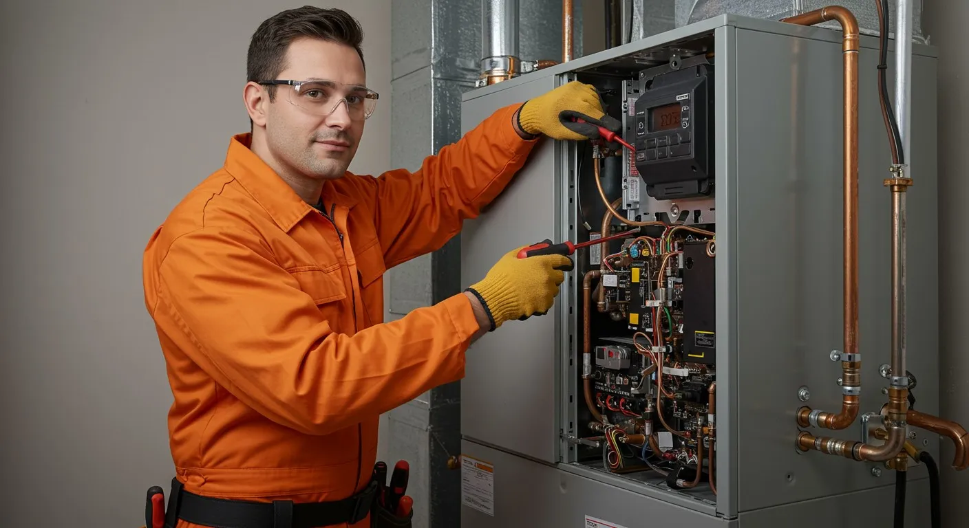 Technician in orange jumpsuit repairing furnace.