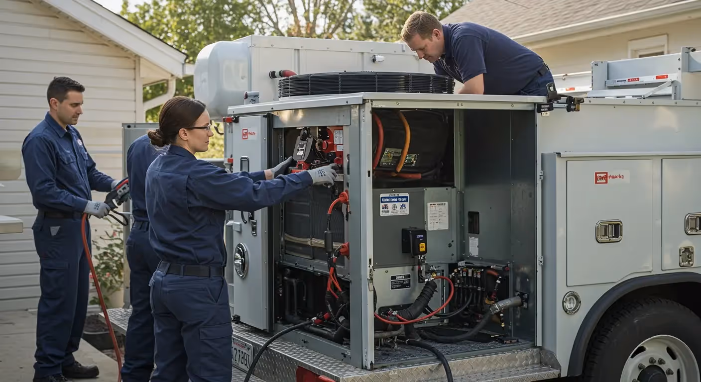 Technicians servicing large outdoor HVAC unit.