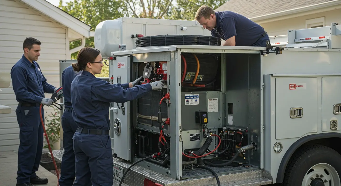Technicians servicing large outdoor HVAC unit.