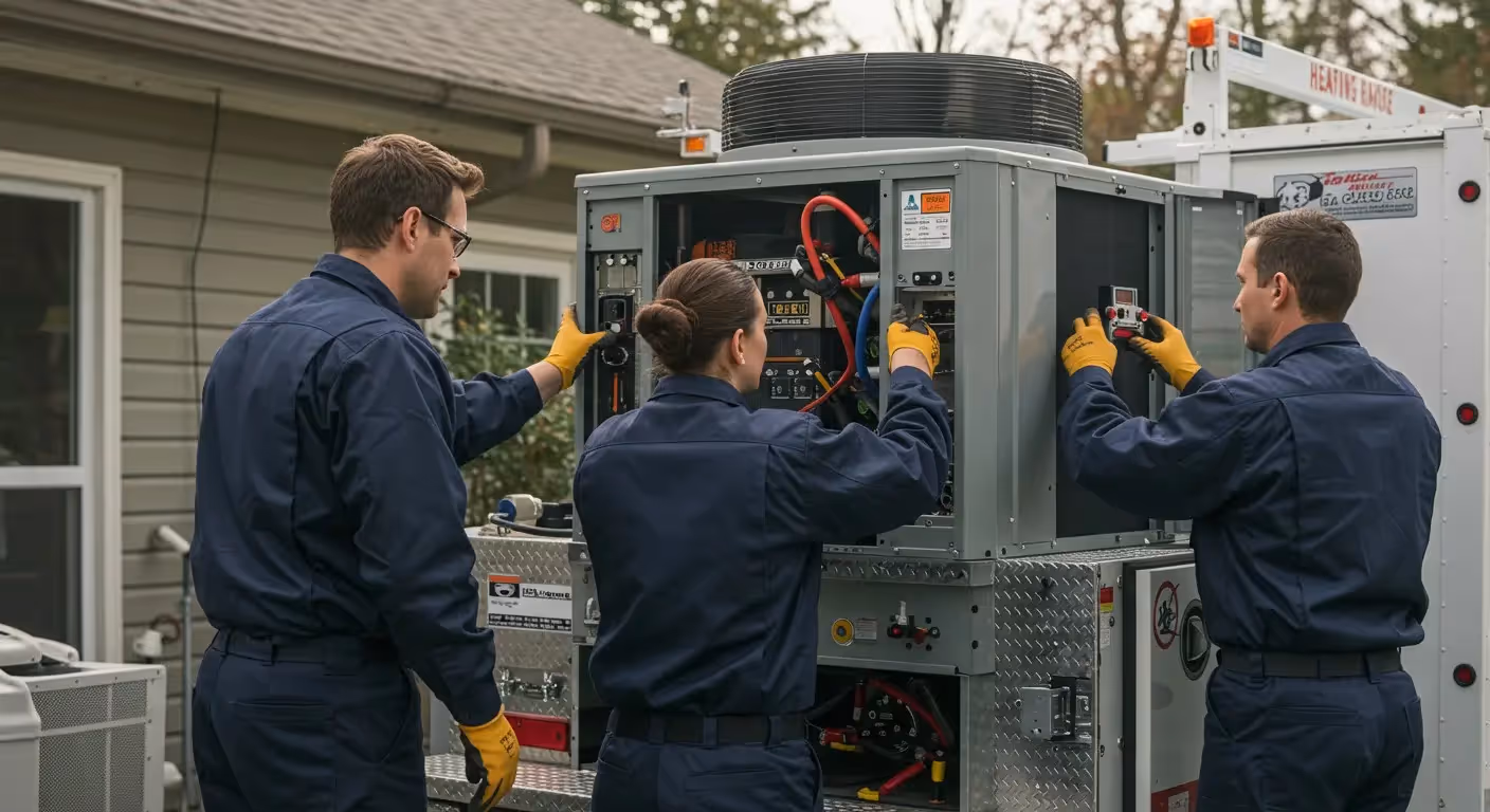 Three technicians installing outdoor cooling equipment.