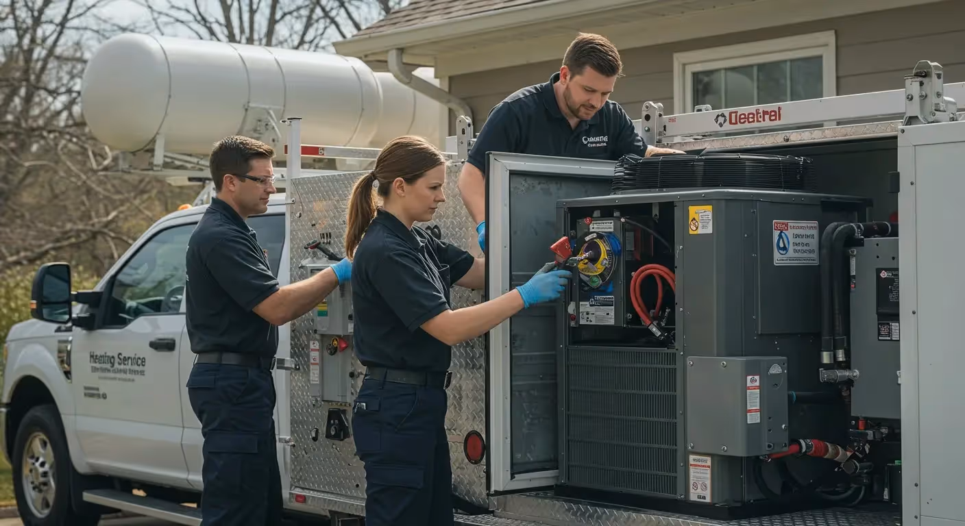 HVAC team servicing unit on truck.