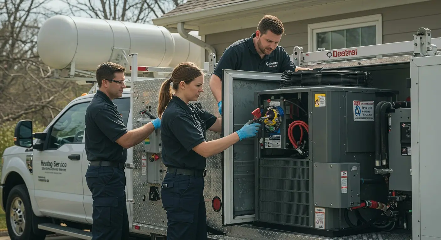 HVAC team servicing unit on truck.