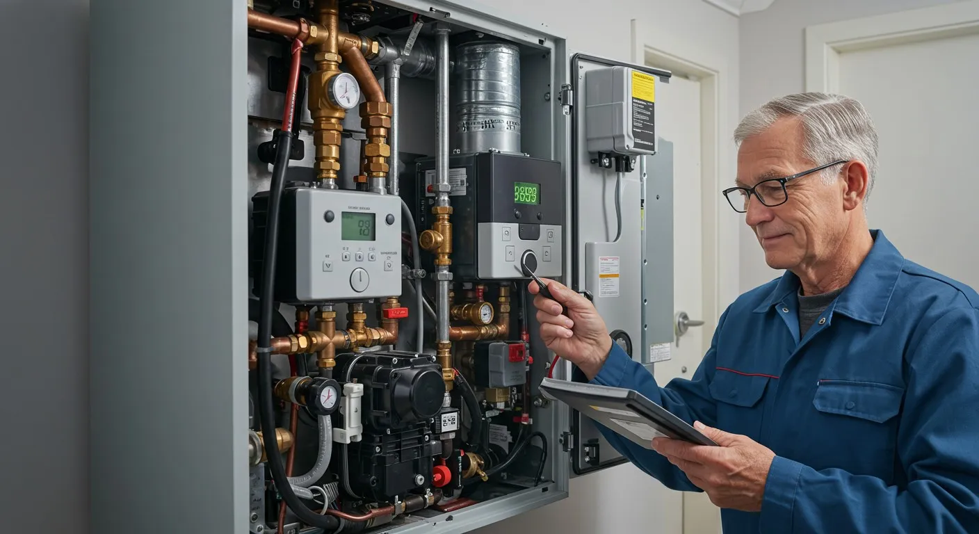 Senior technician adjusting complex control panel.