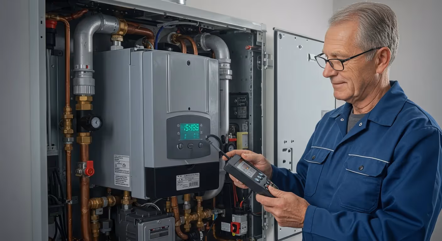 Technician measuring output on digital interface.