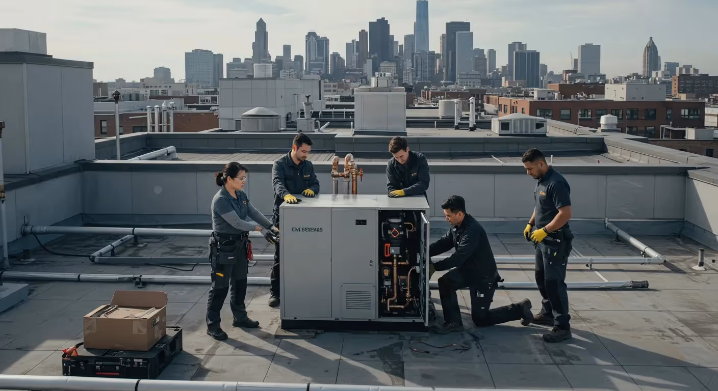 HVAC team servicing rooftop unit downtown.