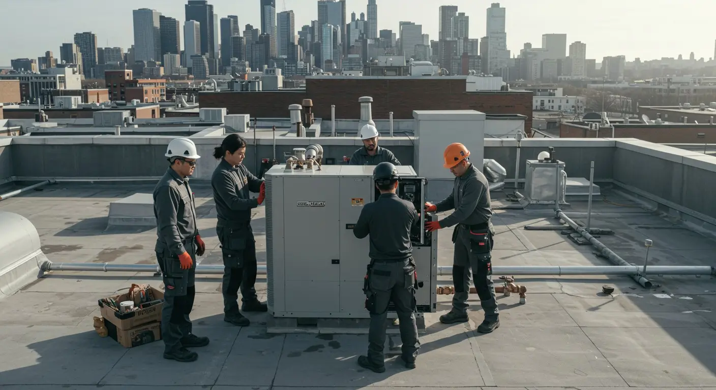 Hard-hatted crew maintaining rooftop HVAC system.