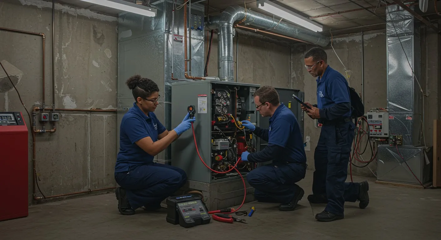 Team performing maintenance on basement furnace.