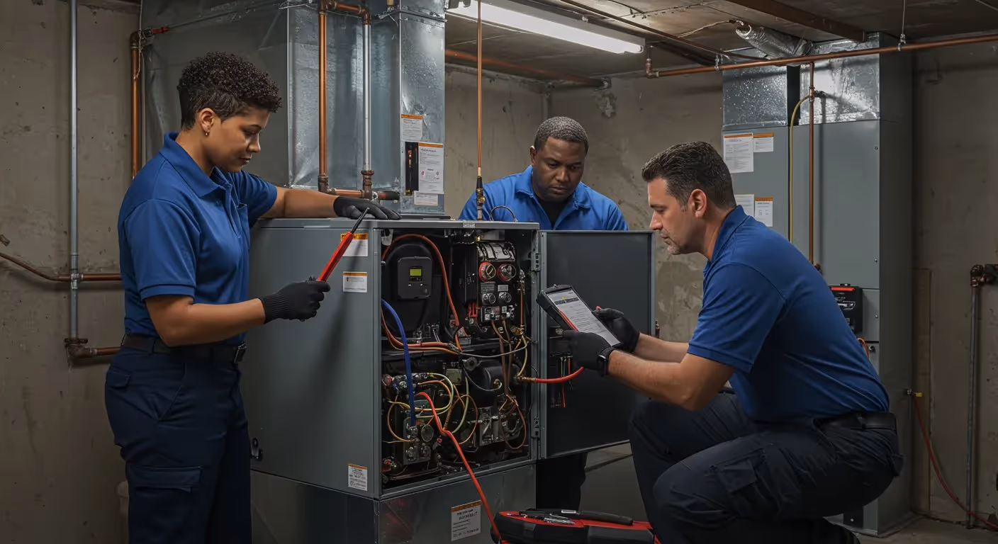 Three technicians testing basement furnace electricals.