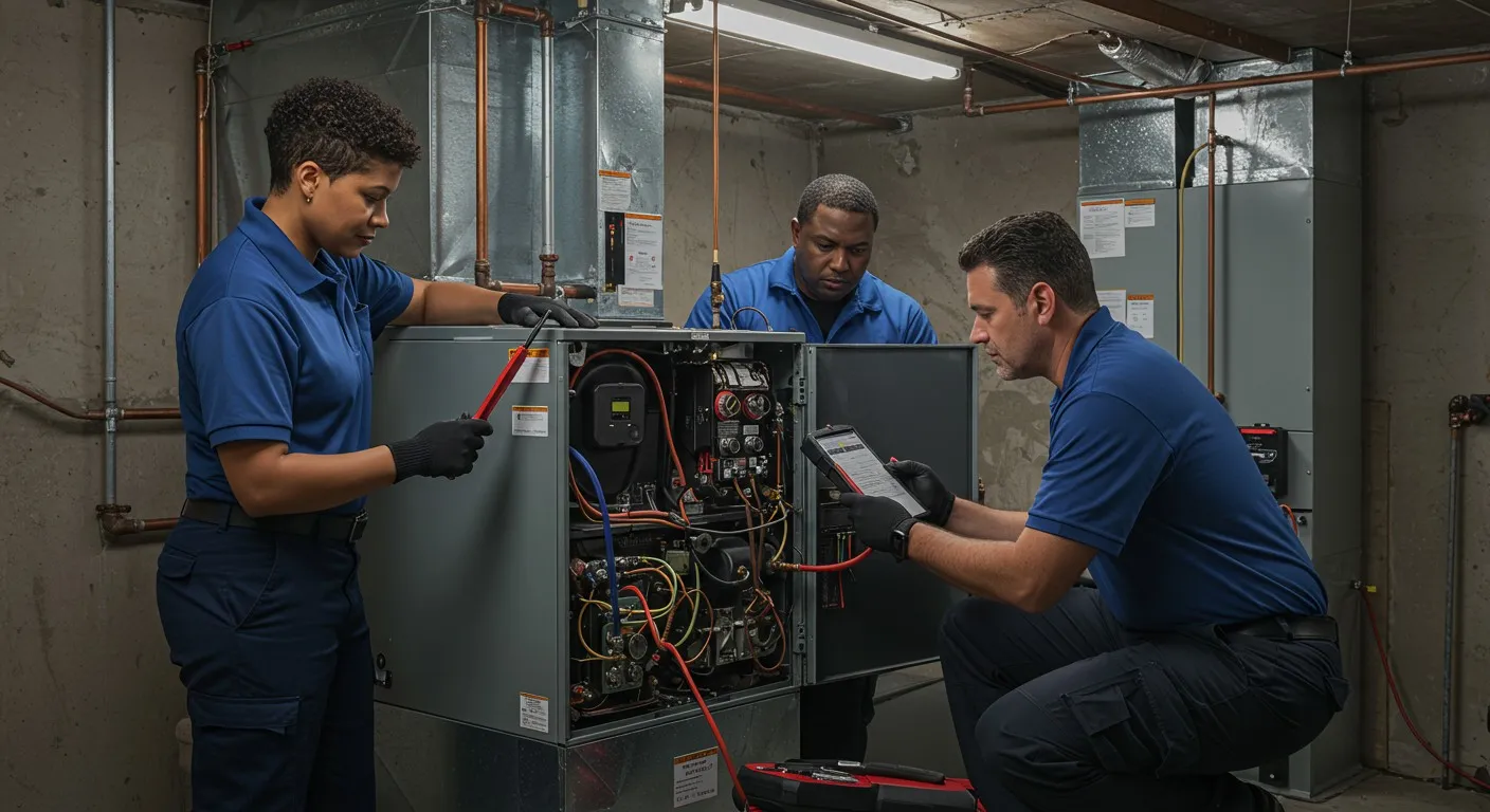 Three technicians testing basement furnace electricals.