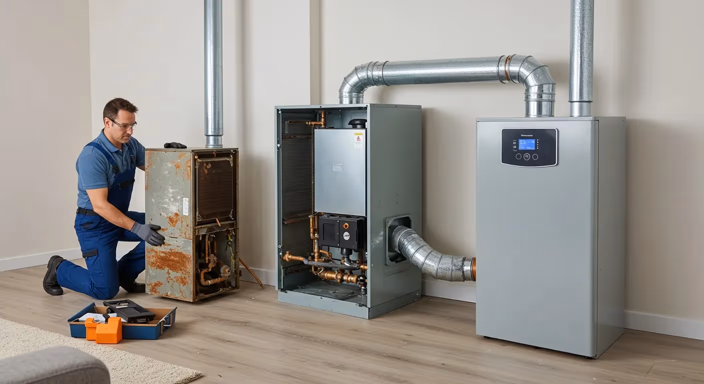 Technician replacing old furnace with new.