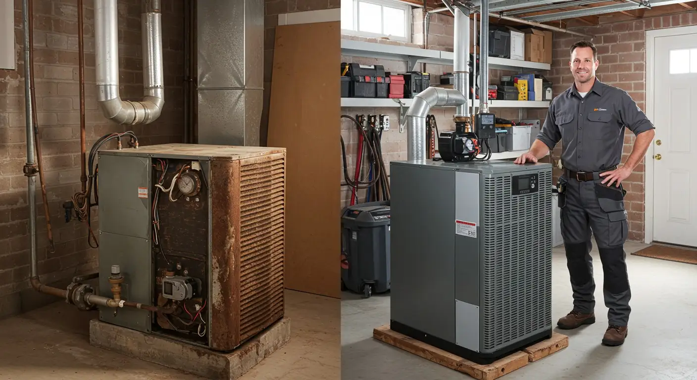 Technician stands by new furnace unit.