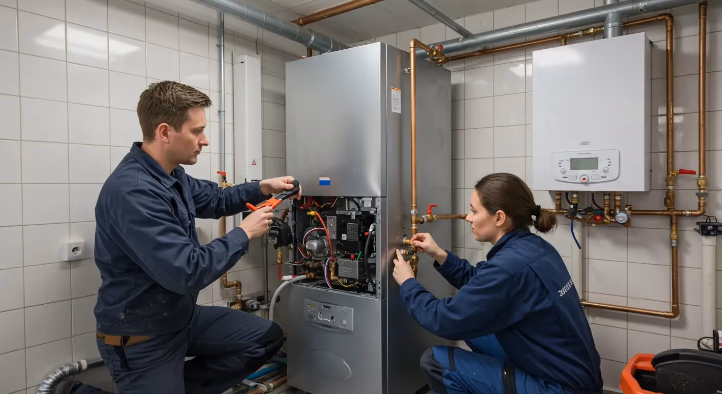 Two technicians installing a modern boiler.