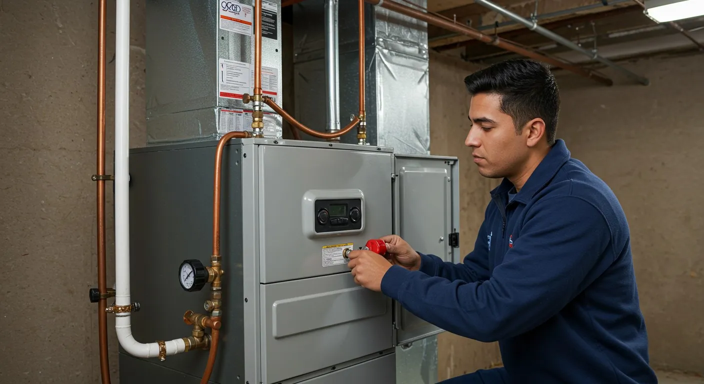 Technician adjusting a modern grey furnace.