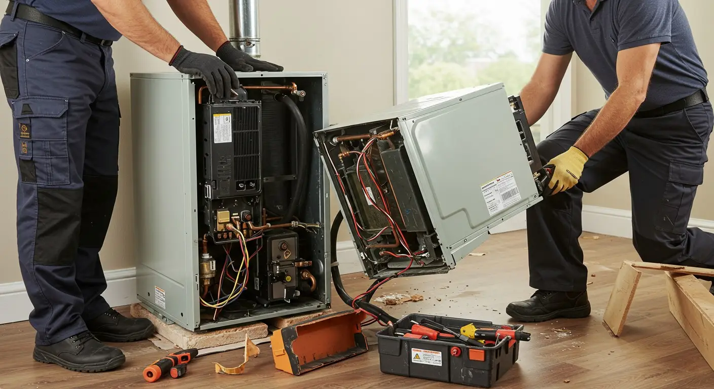Technicians dismantling a modern furnace unit.