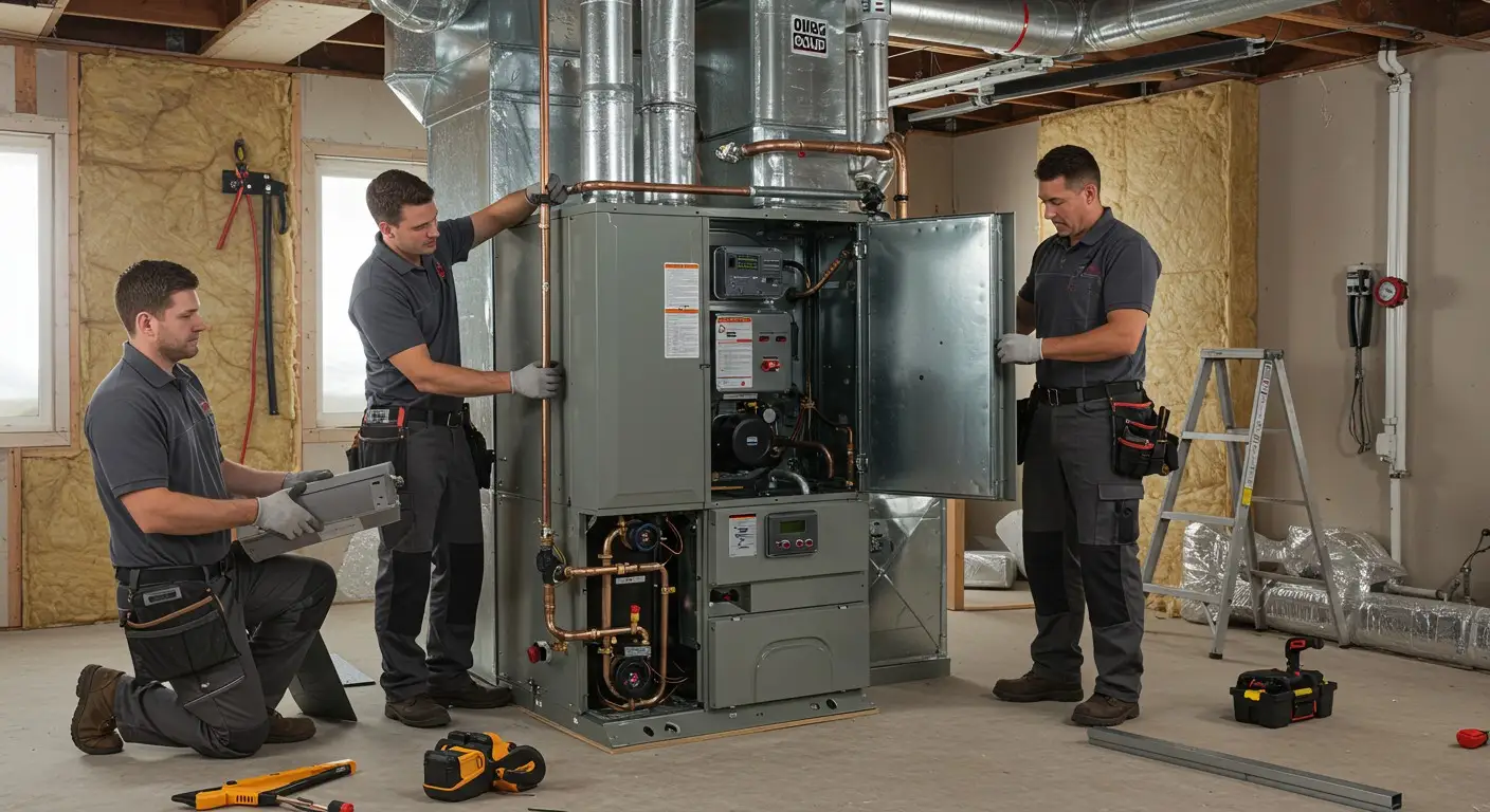 Three technicians installing a large furnace.