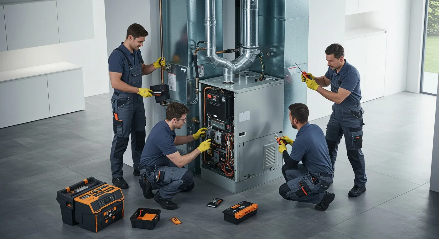 Four technicians install modern indoor furnace.